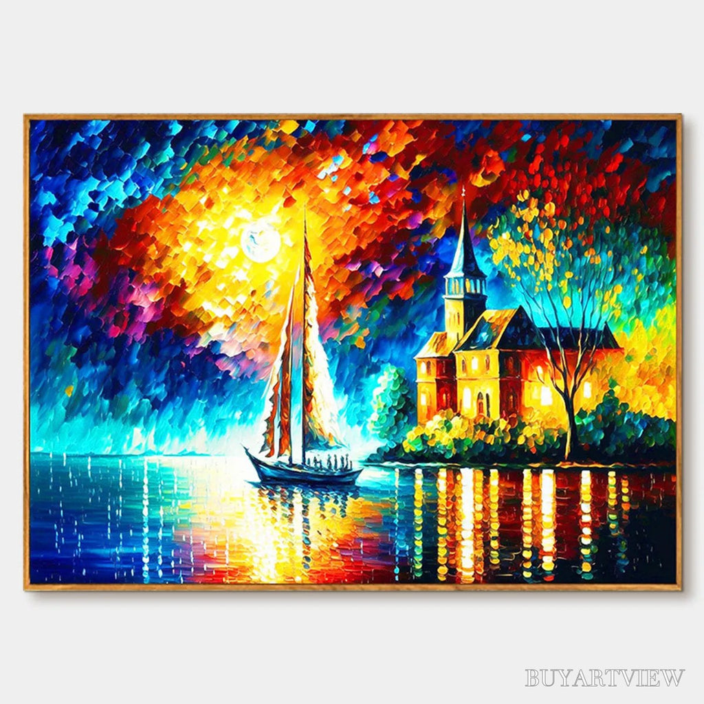 ARTOVITAS Sanctuary by the Sea – Coastal Landscape Oil Painting with Sailboat and Church - image 1