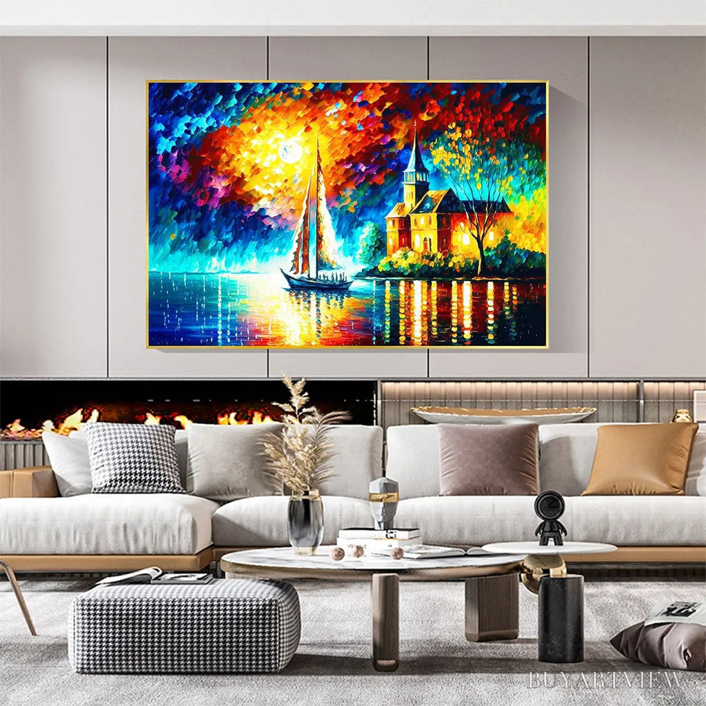 ARTOVITAS Sanctuary by the Sea – Coastal Landscape Oil Painting with Sailboat and Church - image 2