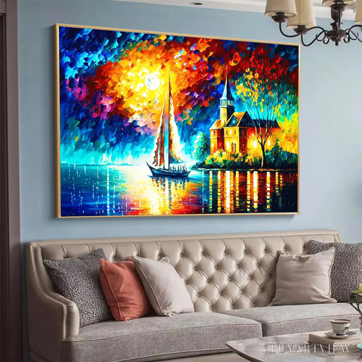 ARTOVITAS Sanctuary by the Sea – Coastal Landscape Oil Painting with Sailboat and Church - image 3