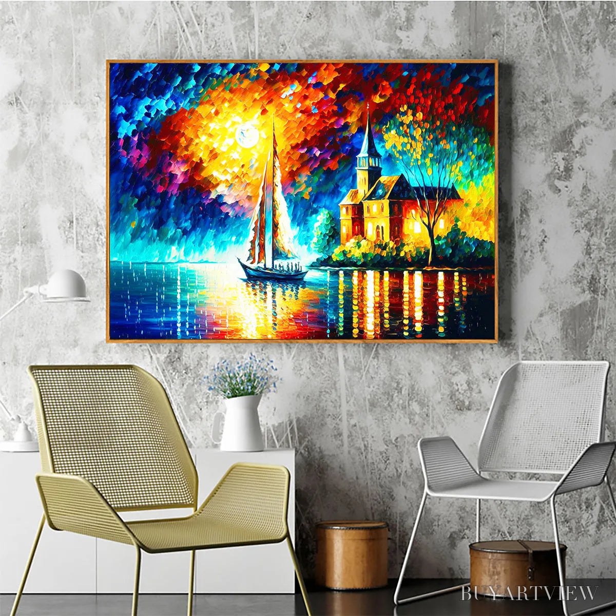 ARTOVITAS Sanctuary by the Sea – Coastal Landscape Oil Painting with Sailboat and Church - image 4