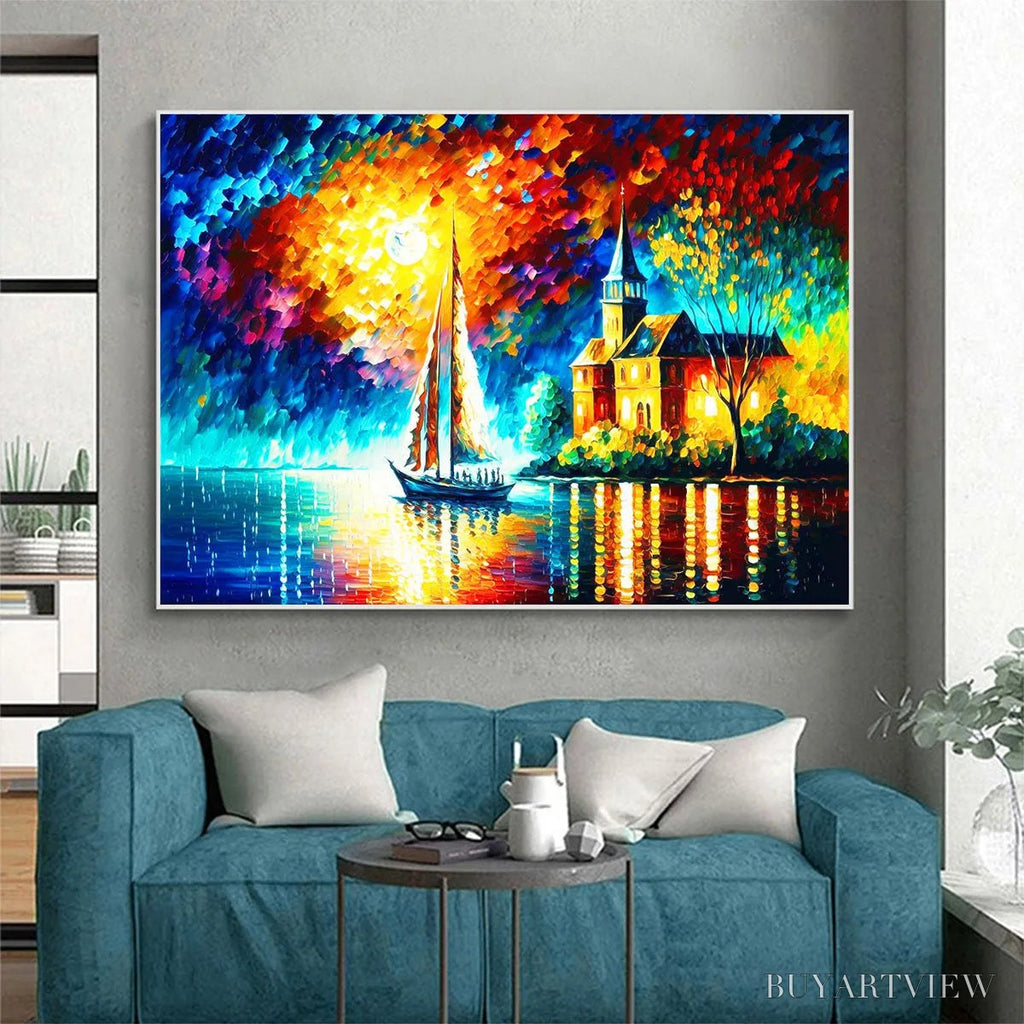 ARTOVITAS Sanctuary by the Sea – Coastal Landscape Oil Painting with Sailboat and Church - image 5