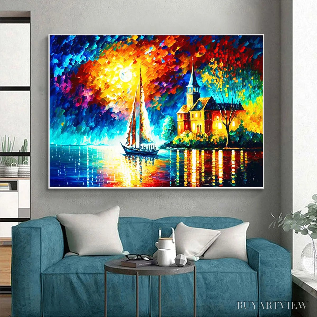 ARTOVITAS Sanctuary by the Sea – Coastal Landscape Oil Painting with Sailboat and Church - image 5