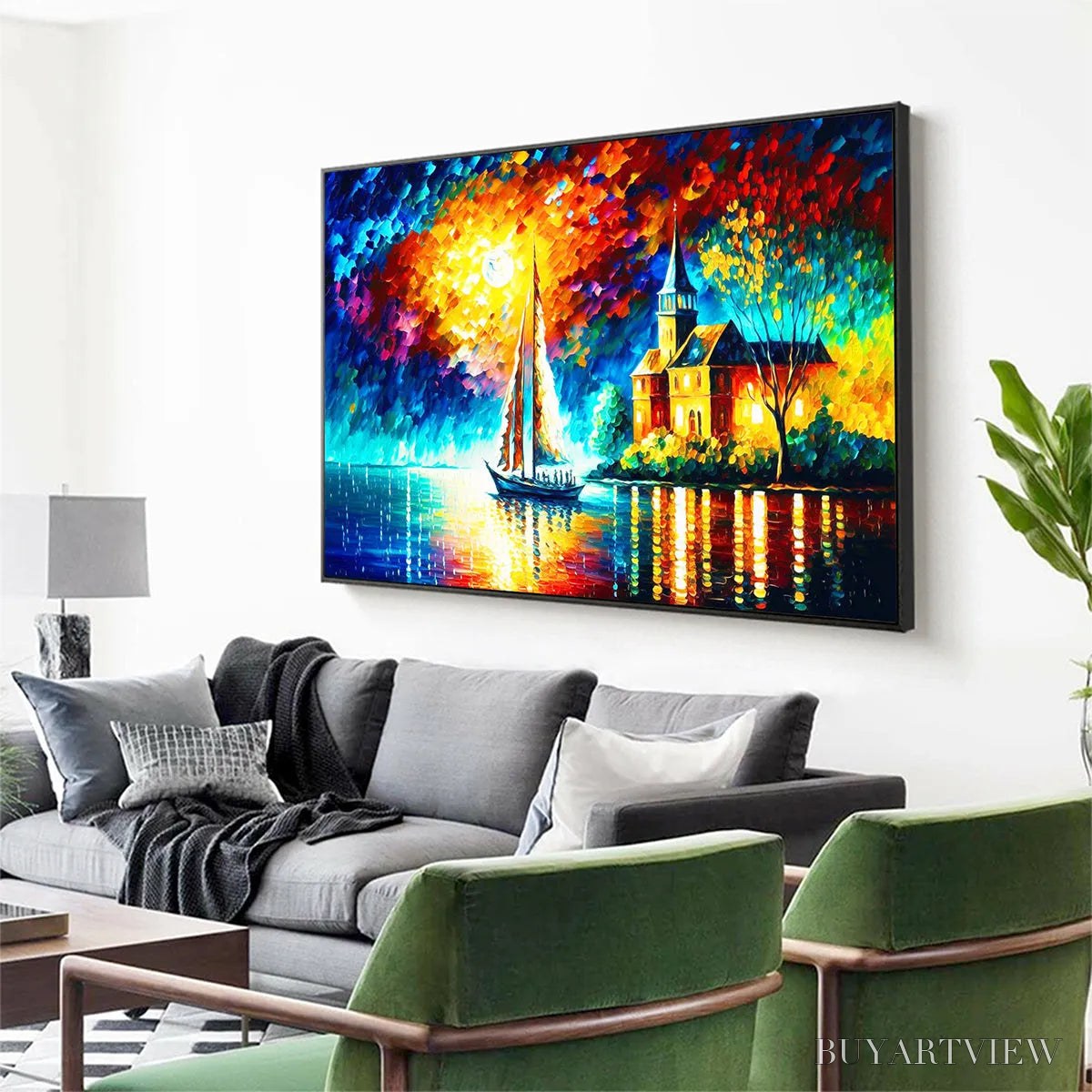 ARTOVITAS Sanctuary by the Sea – Coastal Landscape Oil Painting with Sailboat and Church - image 6