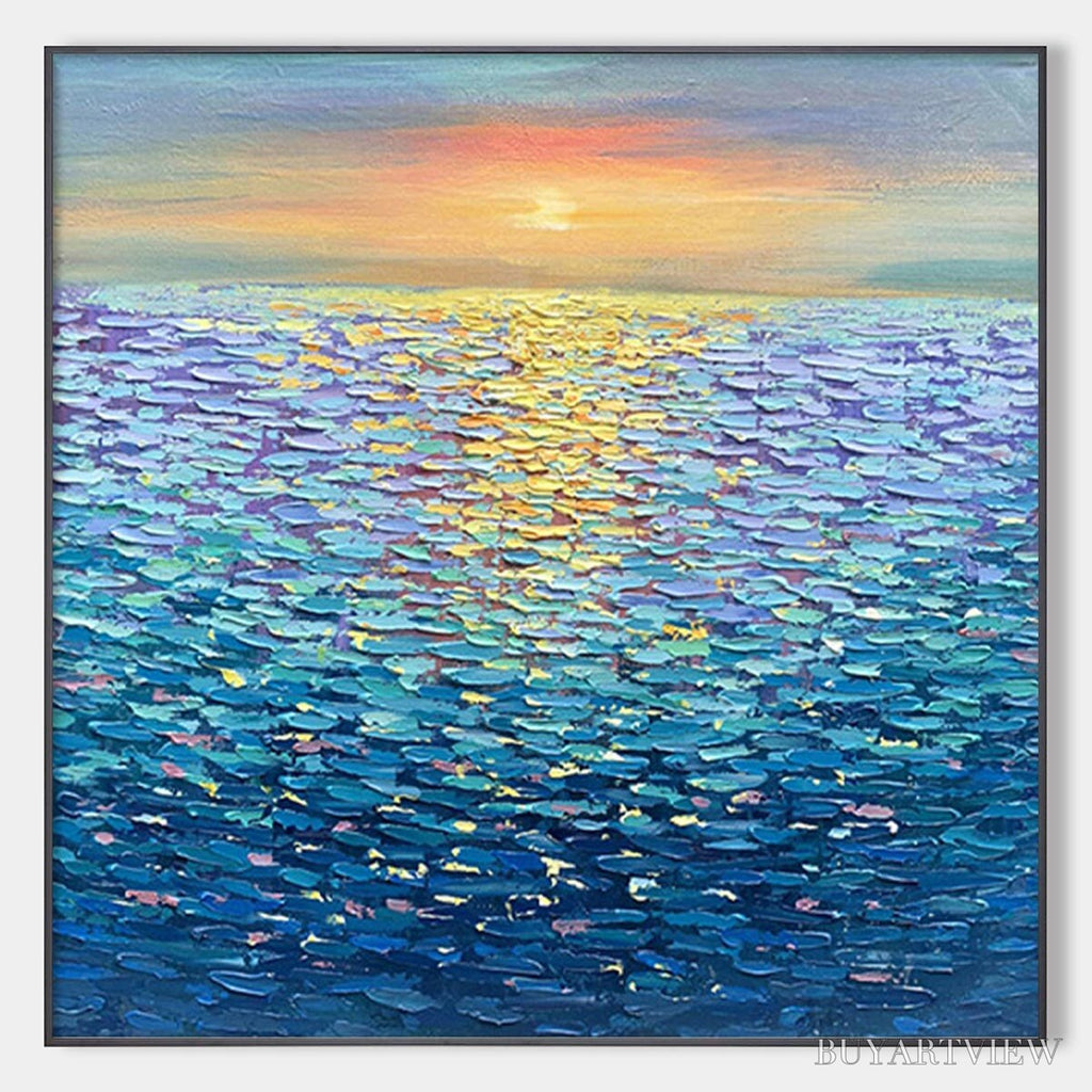 ARTOVITAS Golden Sunset Over Water – Square Textured Seascape Painting, Palette Knife Ocean Sunset, Blue, Living… - image 1