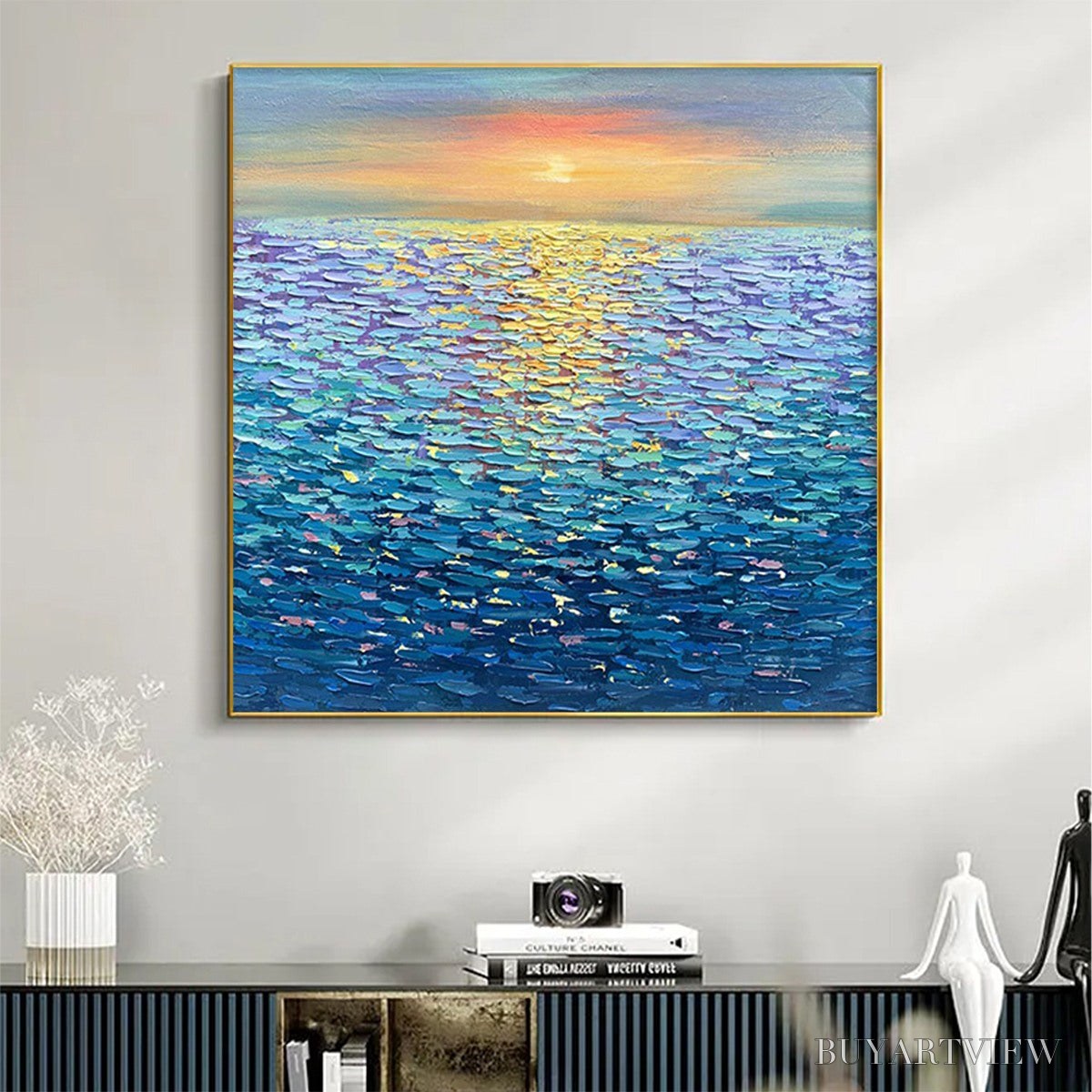 ARTOVITAS Golden Sunset Over Water – Square Textured Seascape Painting, Palette Knife Ocean Sunset, Blue, Living… - image 2
