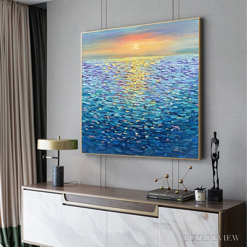 ARTOVITAS Golden Sunset Over Water – Square Textured Seascape Painting, Palette Knife Ocean Sunset, Blue, Living… - image 4