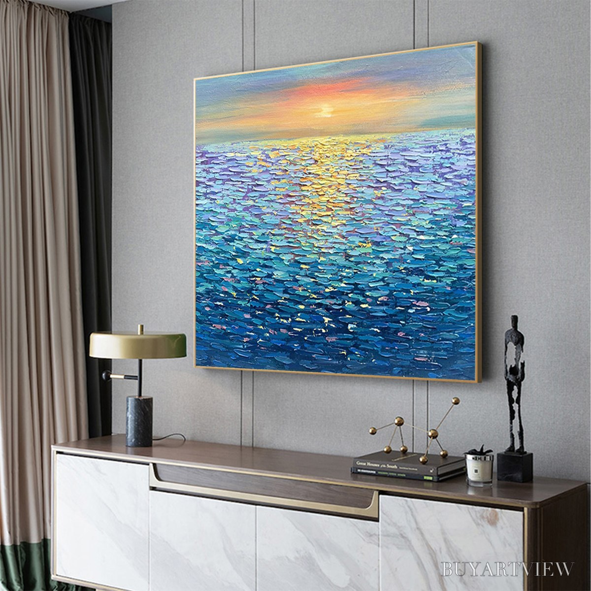 ARTOVITAS Golden Sunset Over Water – Square Textured Seascape Painting, Palette Knife Ocean Sunset, Blue, Living… - image 4