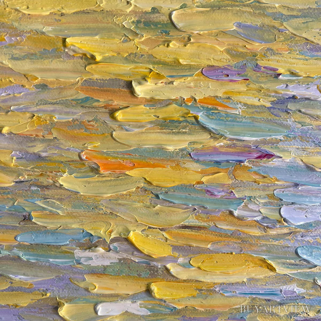 ARTOVITAS Golden Sunset Over Water – Square Textured Seascape Painting, Palette Knife Ocean Sunset, Blue, Living… - image 5