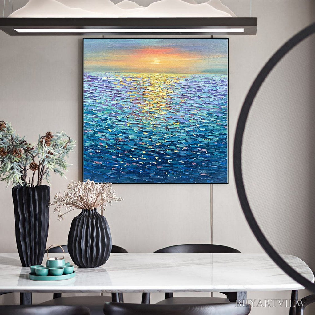 ARTOVITAS Golden Sunset Over Water – Square Textured Seascape Painting, Palette Knife Ocean Sunset, Blue, Living… - image 6
