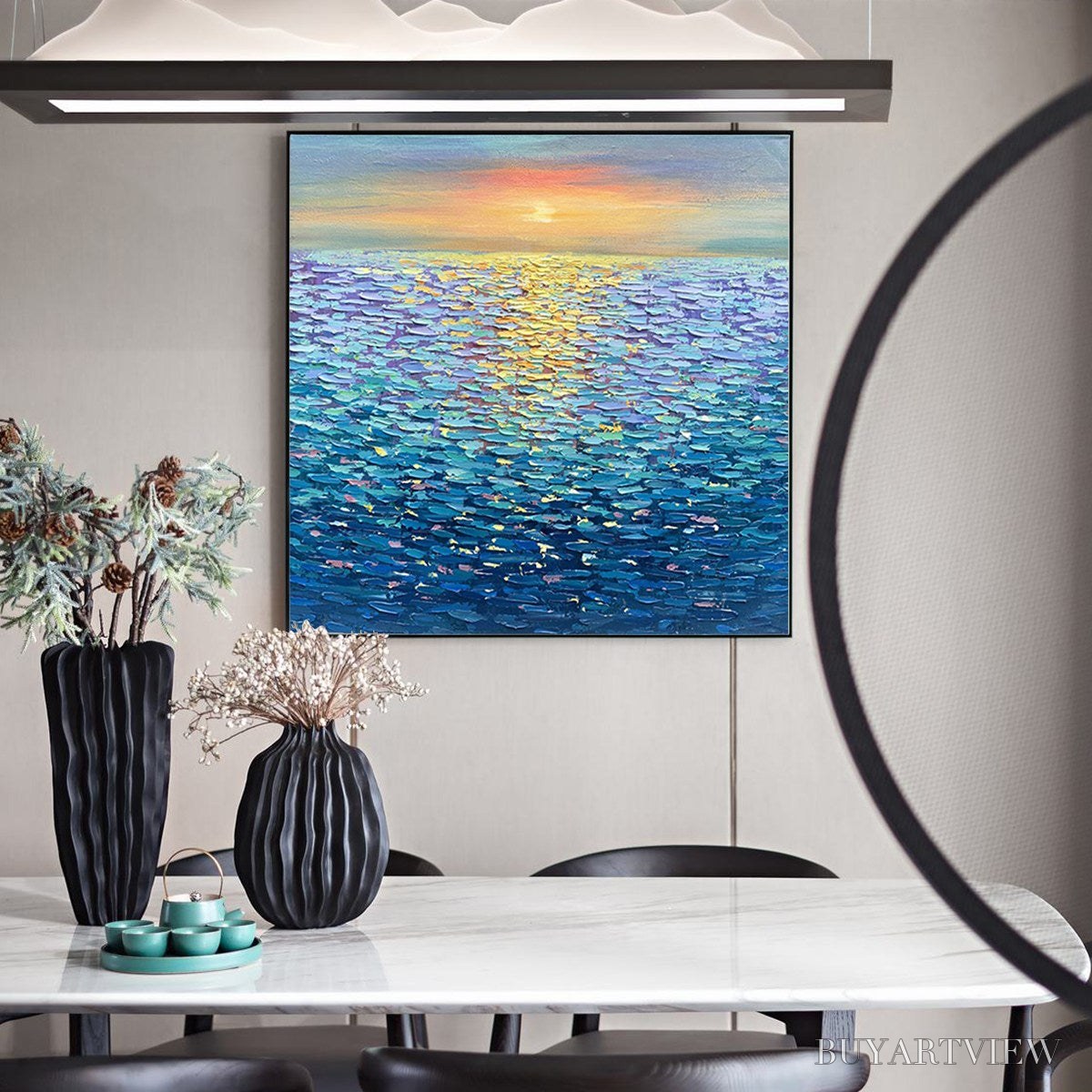 ARTOVITAS Golden Sunset Over Water – Square Textured Seascape Painting, Palette Knife Ocean Sunset, Blue, Living… - image 6