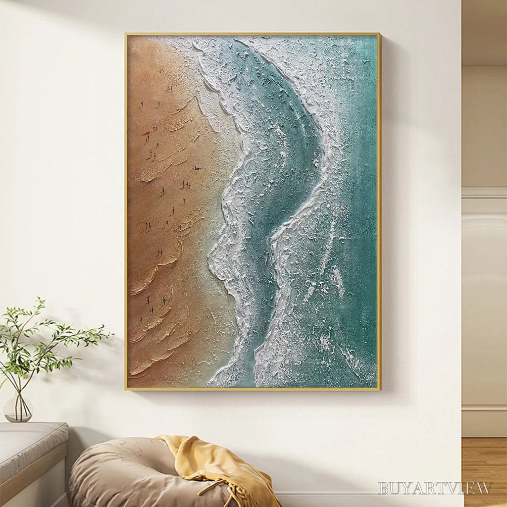 ARTOVITAS Coastal Serenity – Textured Beach Painting, Ocean View, Beige, Blue, Living Room, Bedroom - image 2