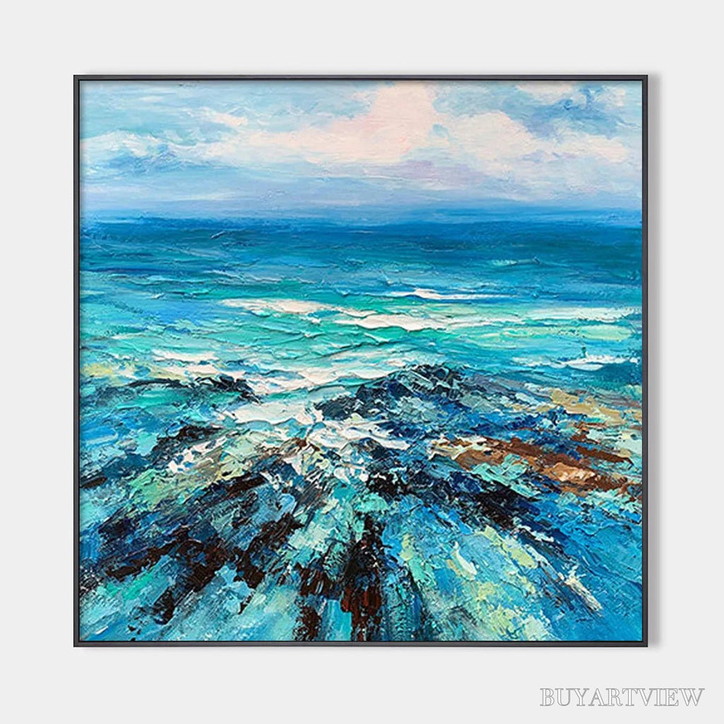 ARTOVITAS Azure Depths – Impasto Seascape Oil Painting in Blues and Greens - image 1
