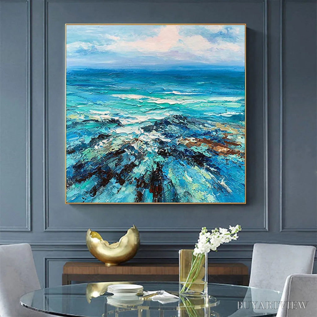 ARTOVITAS Azure Depths – Impasto Seascape Oil Painting in Blues and Greens - image 2