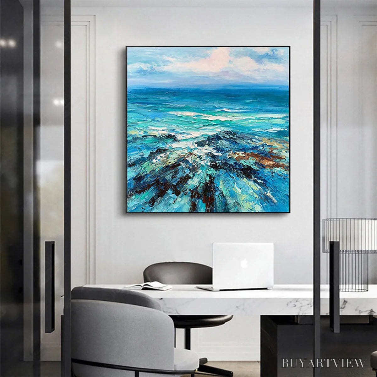 ARTOVITAS Azure Depths – Impasto Seascape Oil Painting in Blues and Greens - image 5