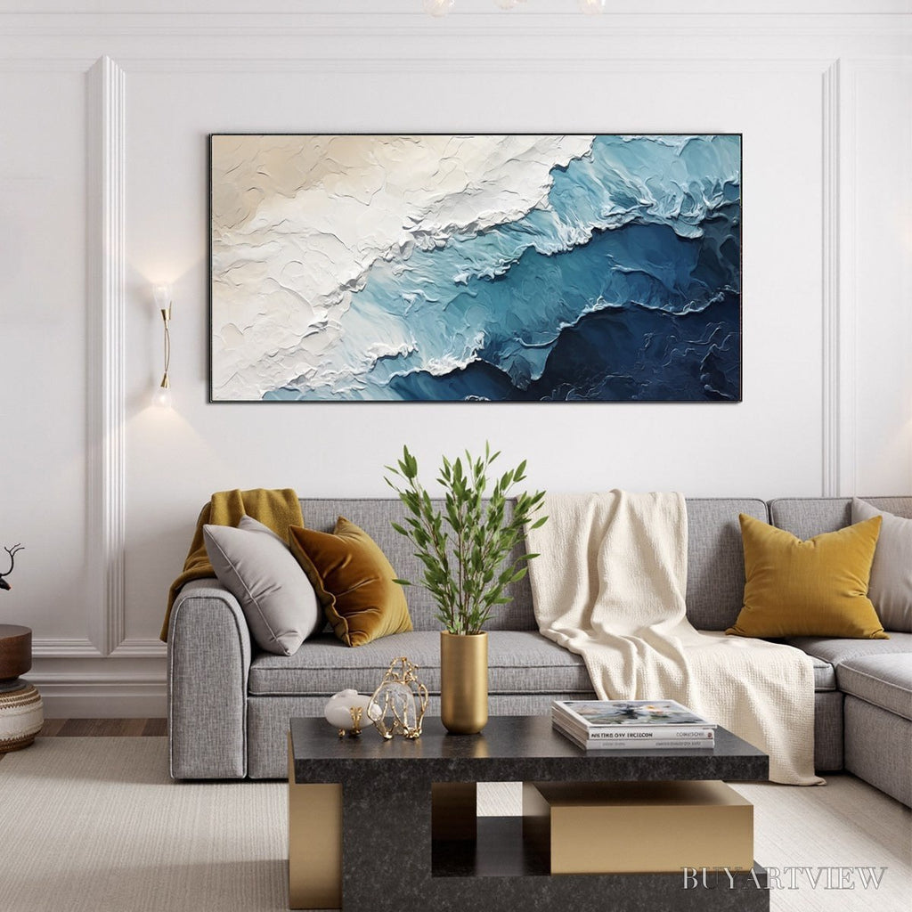 ARTOVITAS Ocean Whispers – Textured Seascape Painting, Ocean Waves, Blue and White, Living Room, Bedroom - image 4