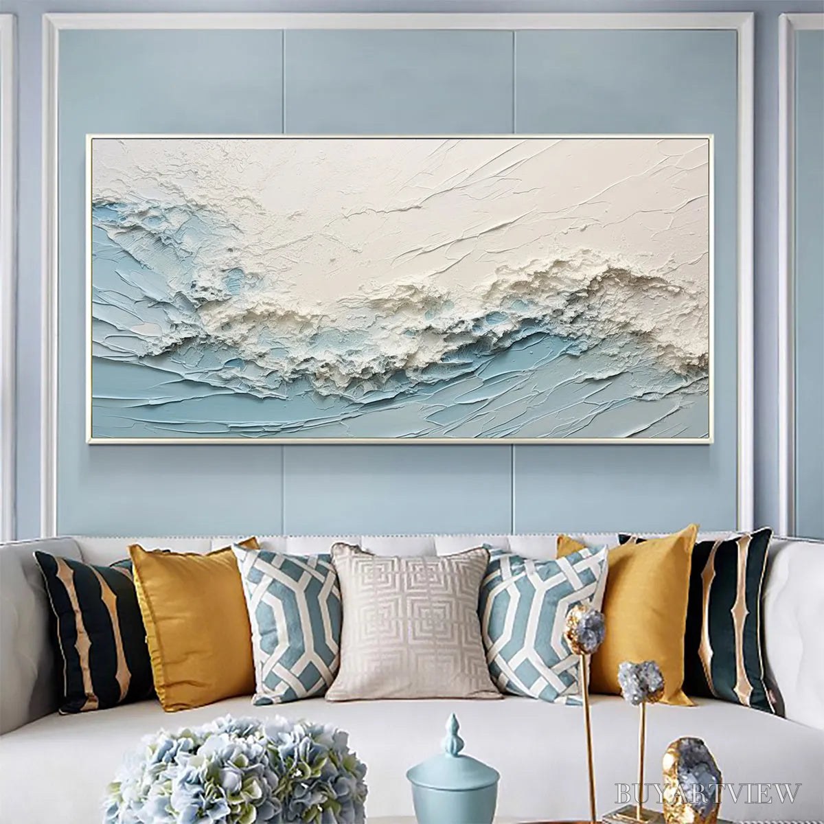 ARTOVITAS Serene Seascape – Panoramic Textured Abstract Painting, Impasto , Blue, White, Beige, Living Room, Bedroom - image 2