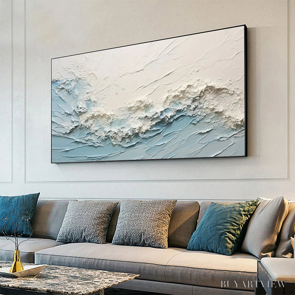 ARTOVITAS Serene Seascape – Panoramic Textured Abstract Painting, Impasto , Blue, White, Beige, Living Room, Bedroom - image 4