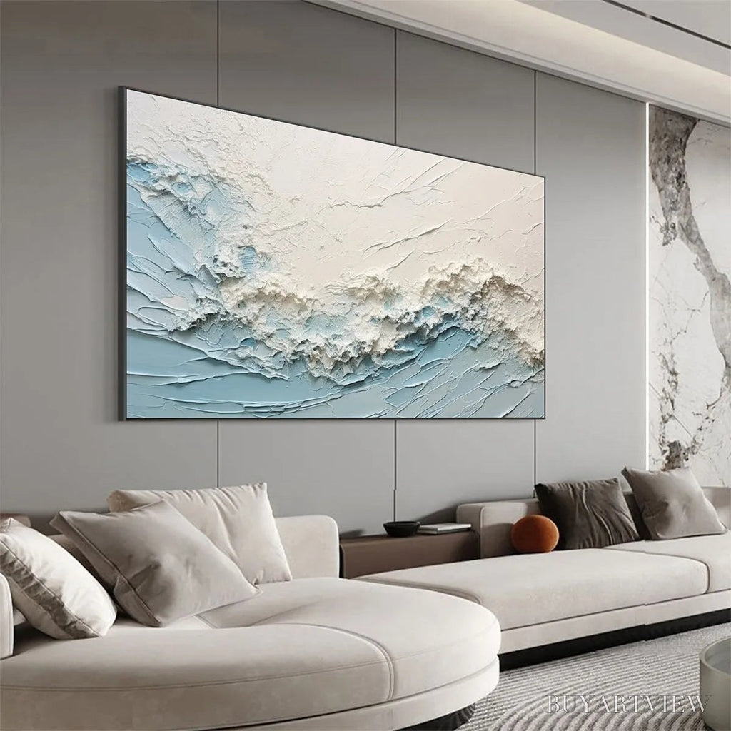 ARTOVITAS Serene Seascape – Panoramic Textured Abstract Painting, Impasto , Blue, White, Beige, Living Room, Bedroom - image 5
