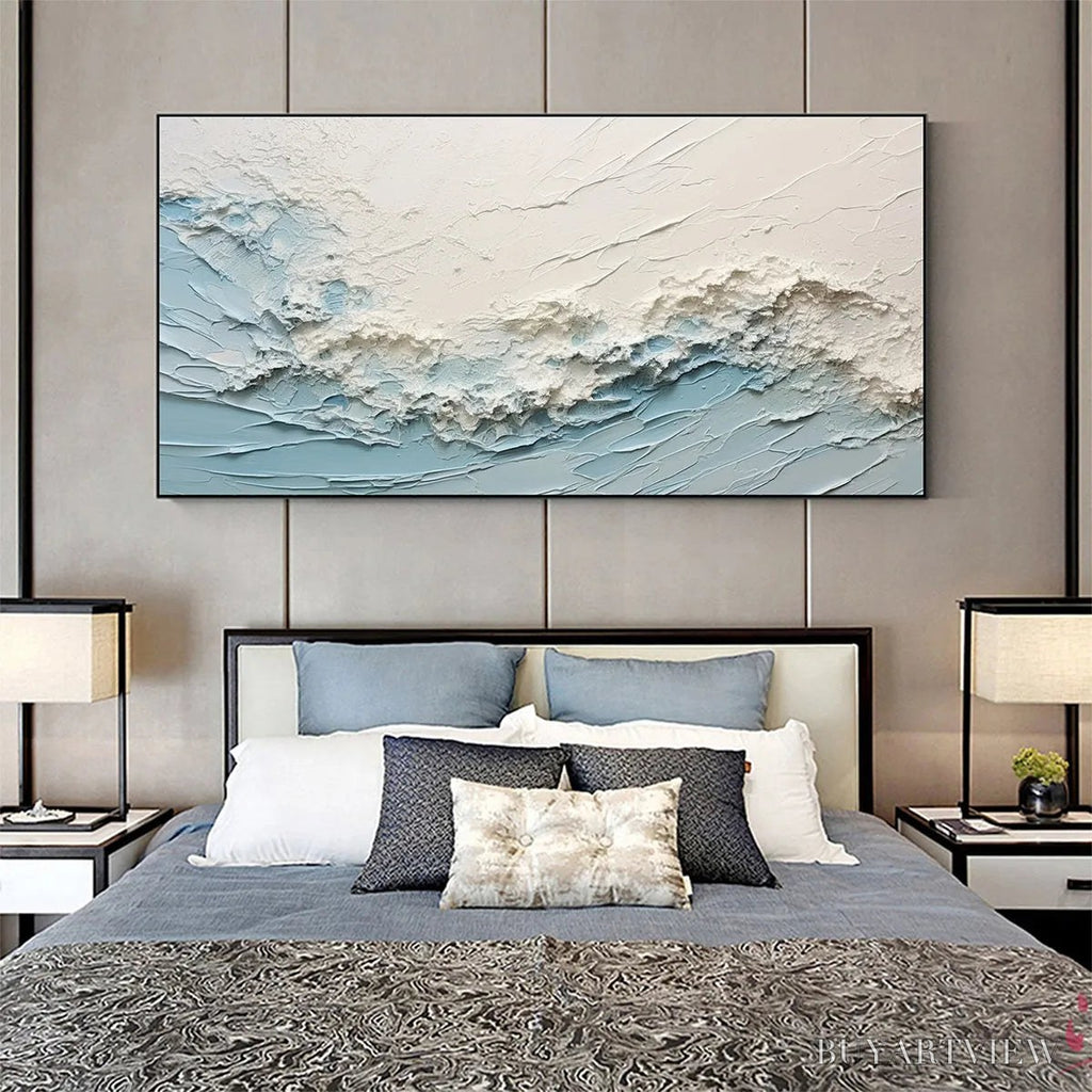 ARTOVITAS Serene Seascape – Panoramic Textured Abstract Painting, Impasto , Blue, White, Beige, Living Room, Bedroom - image 6