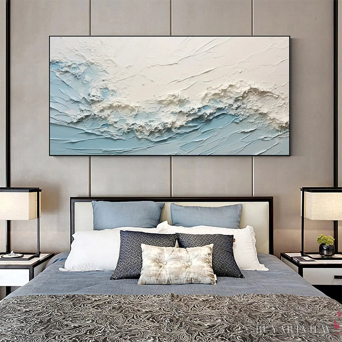 ARTOVITAS Serene Seascape – Panoramic Textured Abstract Painting, Impasto , Blue, White, Beige, Living Room, Bedroom - image 6
