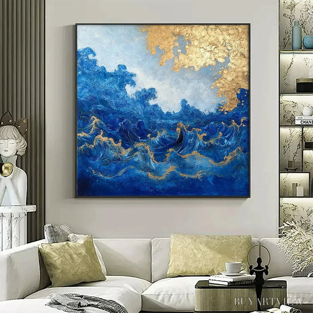 ARTOVITAS Azure Crest – Square Abstract Ocean Waves Oil Painting with Gold Leaf - image 2