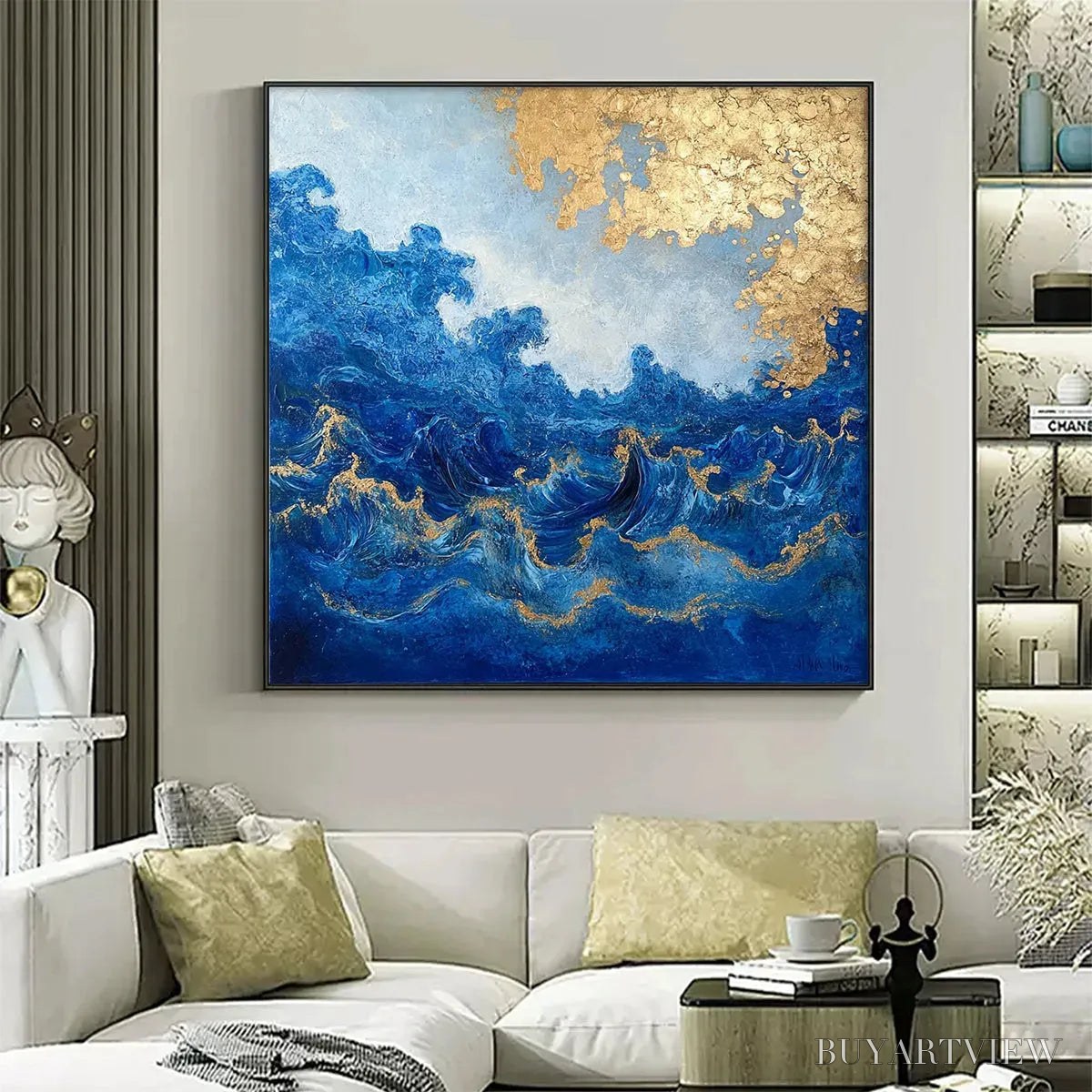 ARTOVITAS Azure Crest – Square Abstract Ocean Waves Oil Painting with Gold Leaf - image 2