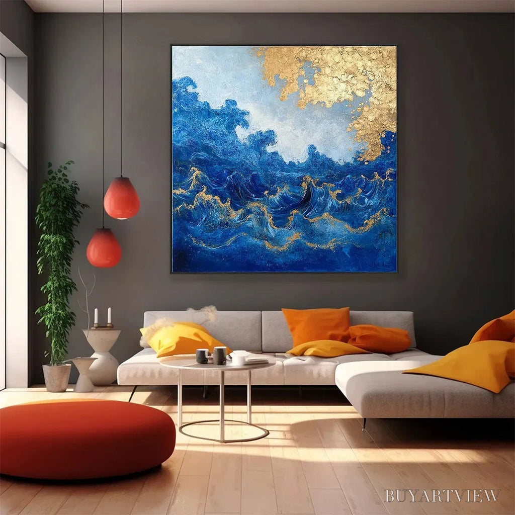 ARTOVITAS Azure Crest – Square Abstract Ocean Waves Oil Painting with Gold Leaf - image 4