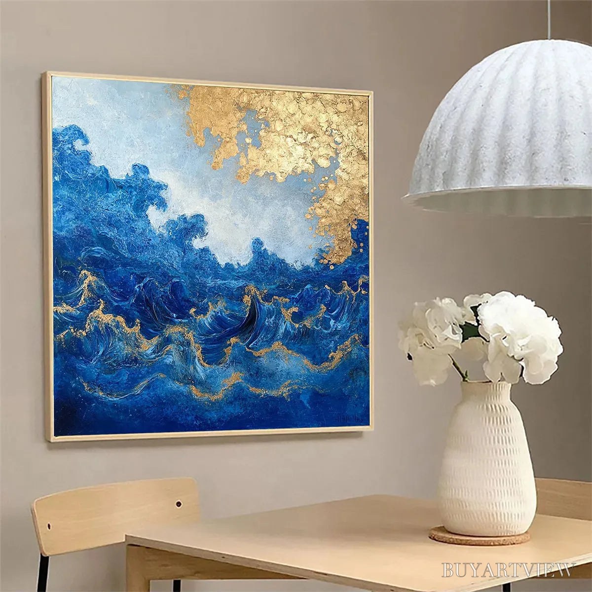 ARTOVITAS Azure Crest – Square Abstract Ocean Waves Oil Painting with Gold Leaf - image 5