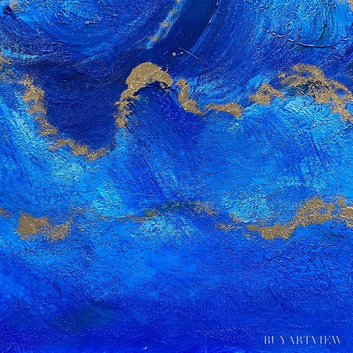 ARTOVITAS Azure Crest – Square Abstract Ocean Waves Oil Painting with Gold Leaf - image 6