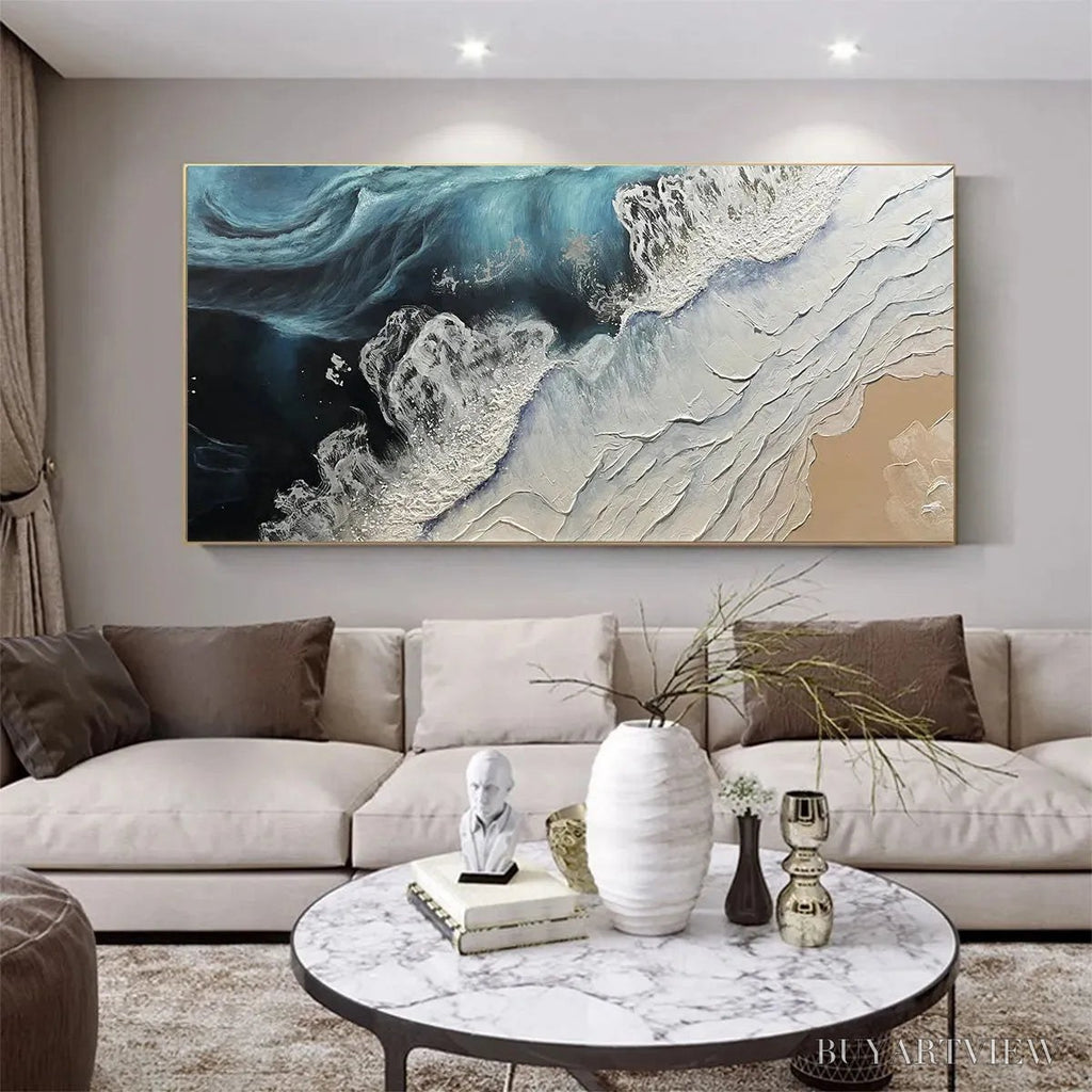 ARTOVITAS Ocean’S Embrace – Ocean Painting in Blue, White, and Beige, Textured Canvas, Modern - image 2