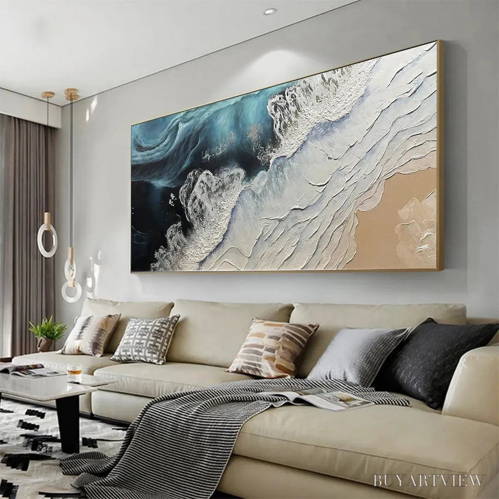 ARTOVITAS Ocean’S Embrace – Ocean Painting in Blue, White, and Beige, Textured Canvas, Modern - image 4
