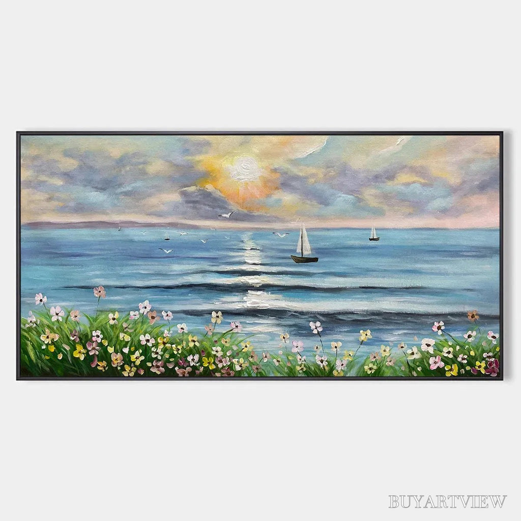 ARTOVITAS Sunset Sail – Coastal Sunset Painting, Sailboat and Wildflowers, Horizontal Canvas, Ocean Decor - image 1