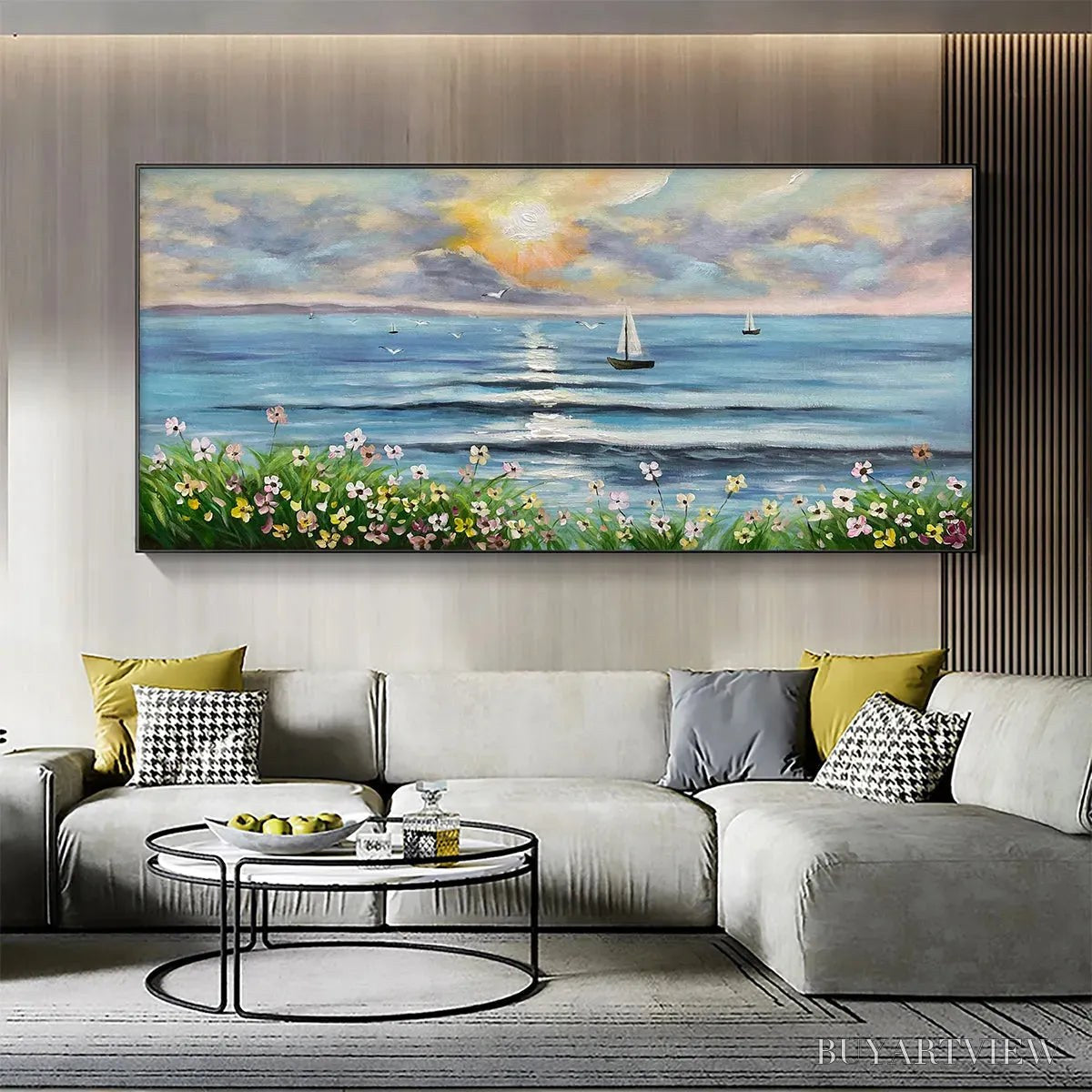 ARTOVITAS Sunset Sail – Coastal Sunset Painting, Sailboat and Wildflowers, Horizontal Canvas, Ocean Decor - image 2