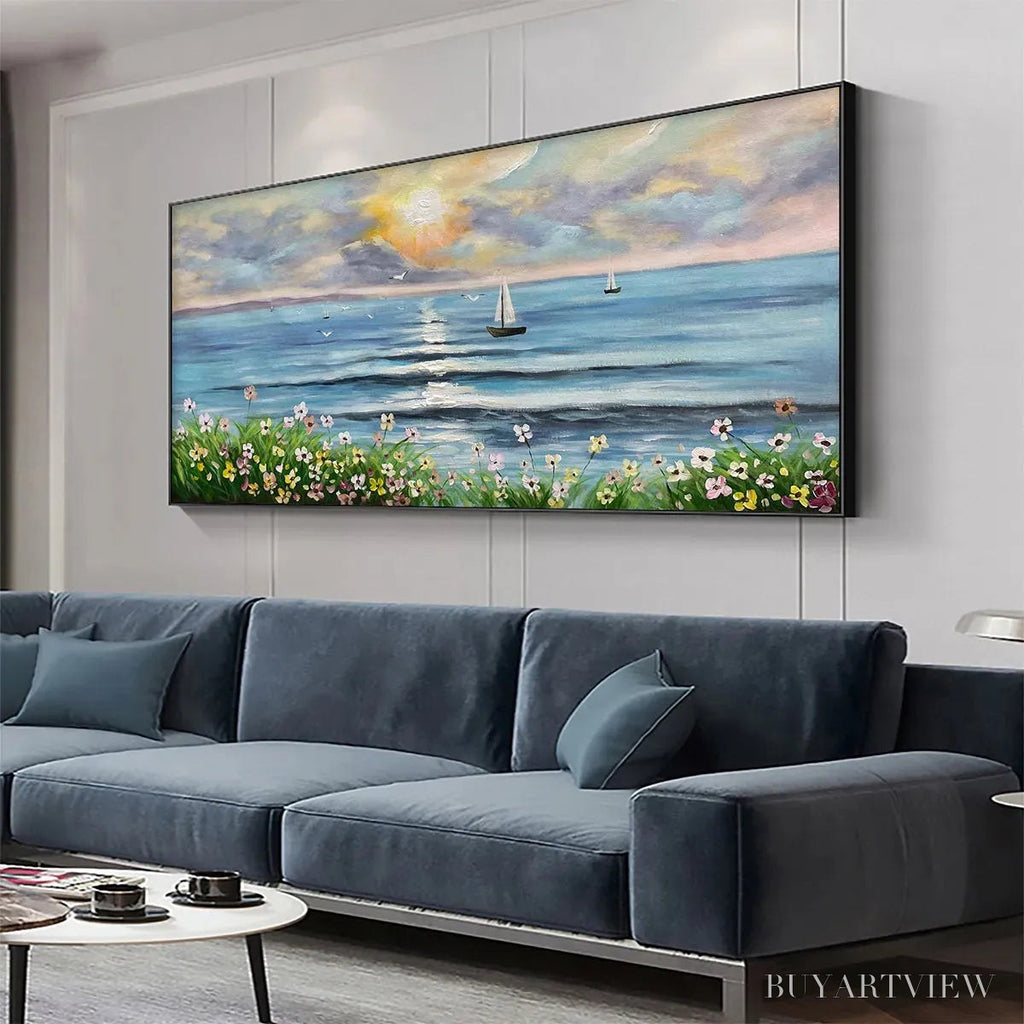 ARTOVITAS Sunset Sail – Coastal Sunset Painting, Sailboat and Wildflowers, Horizontal Canvas, Ocean Decor - image 4