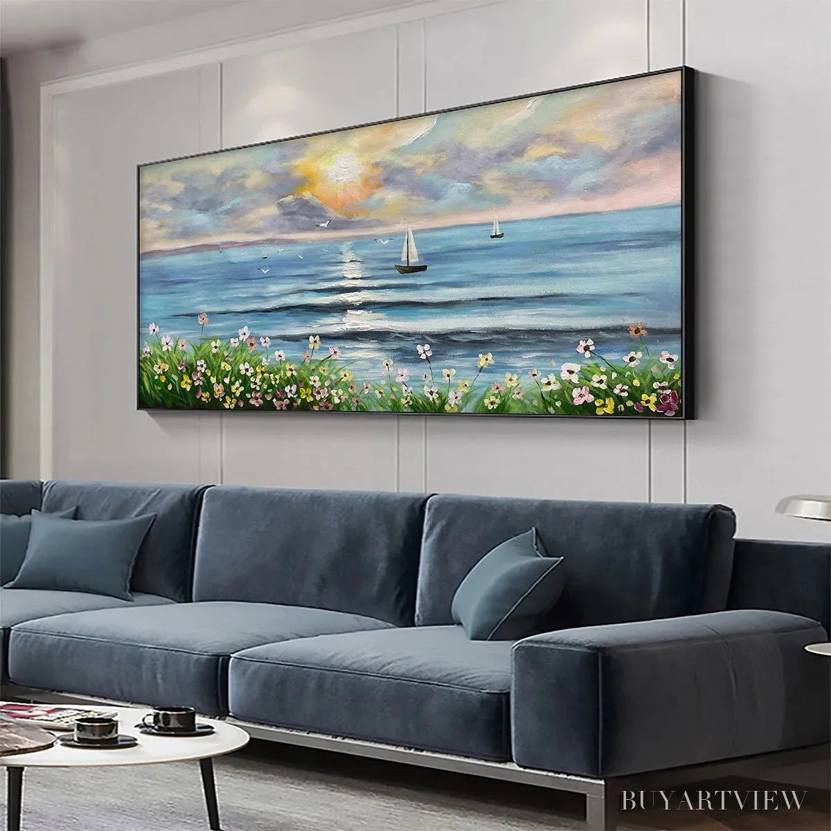 ARTOVITAS Sunset Sail – Coastal Sunset Painting, Sailboat and Wildflowers, Horizontal Canvas, Ocean Decor - image 4