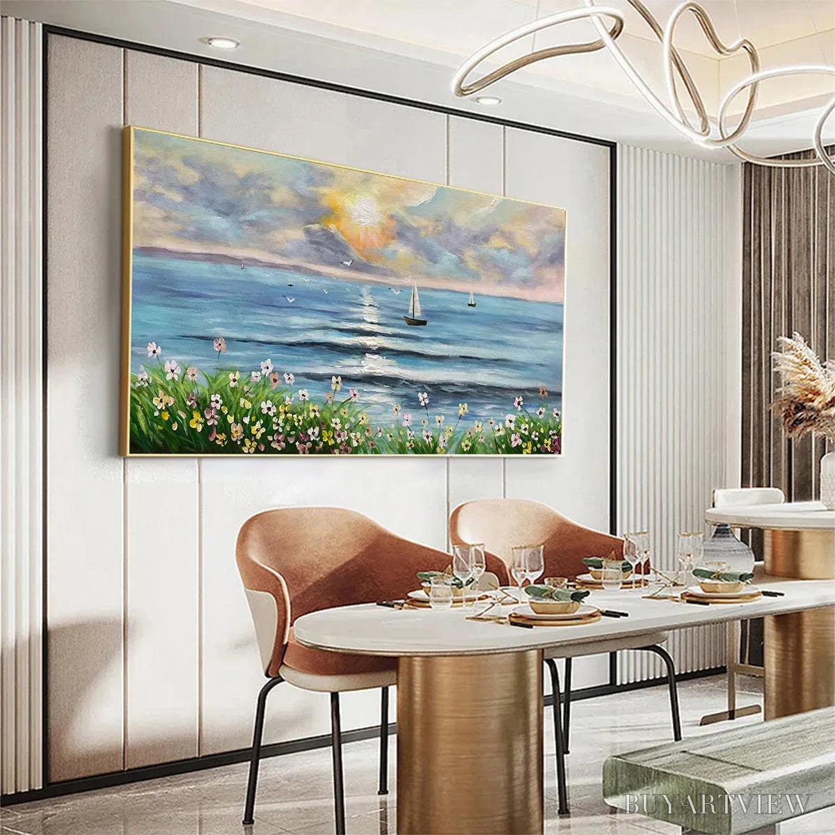 ARTOVITAS Sunset Sail – Coastal Sunset Painting, Sailboat and Wildflowers, Horizontal Canvas, Ocean Decor - image 6