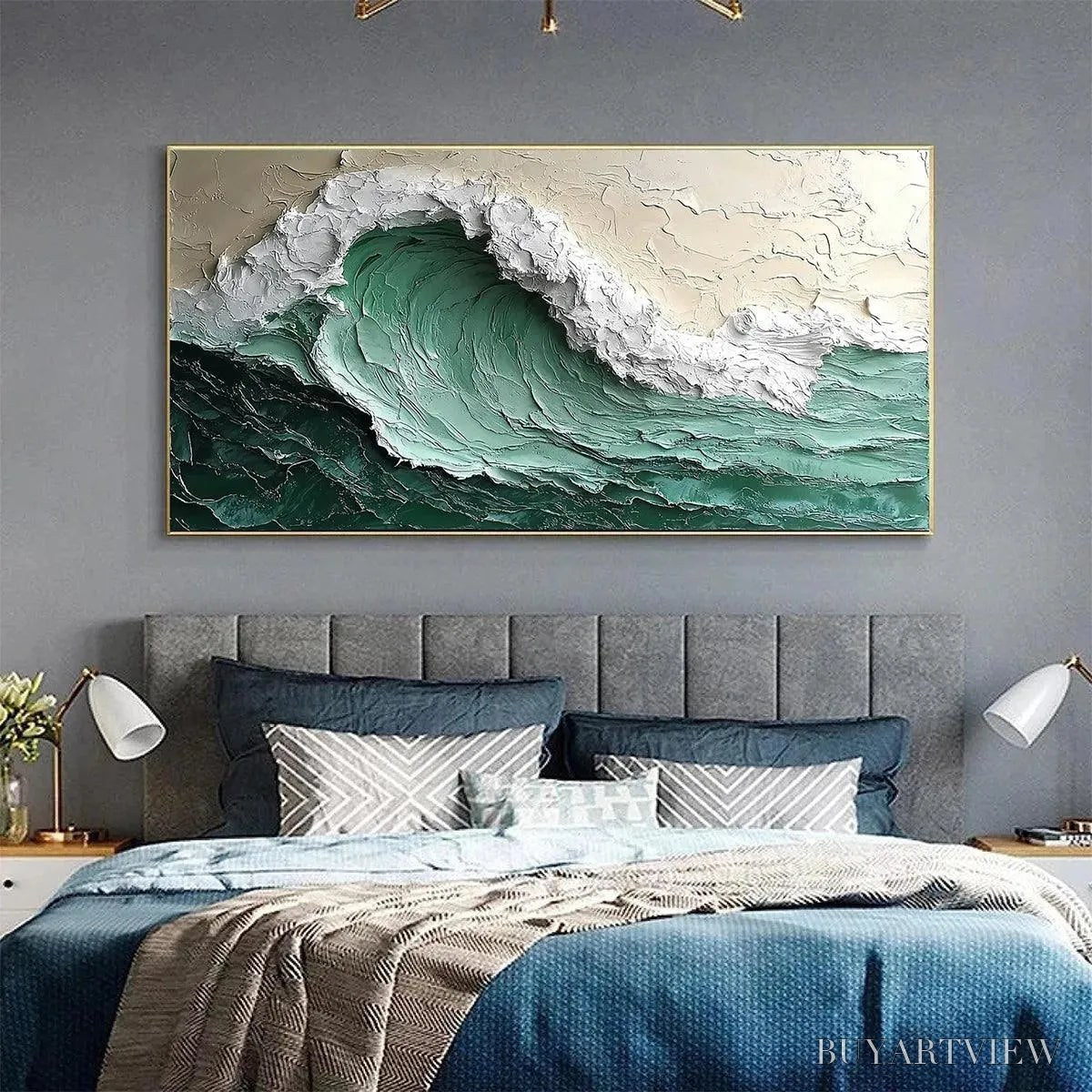 ARTOVITAS Emerald Crest – Textured Green Wave Impasto Oil Painting - image 2