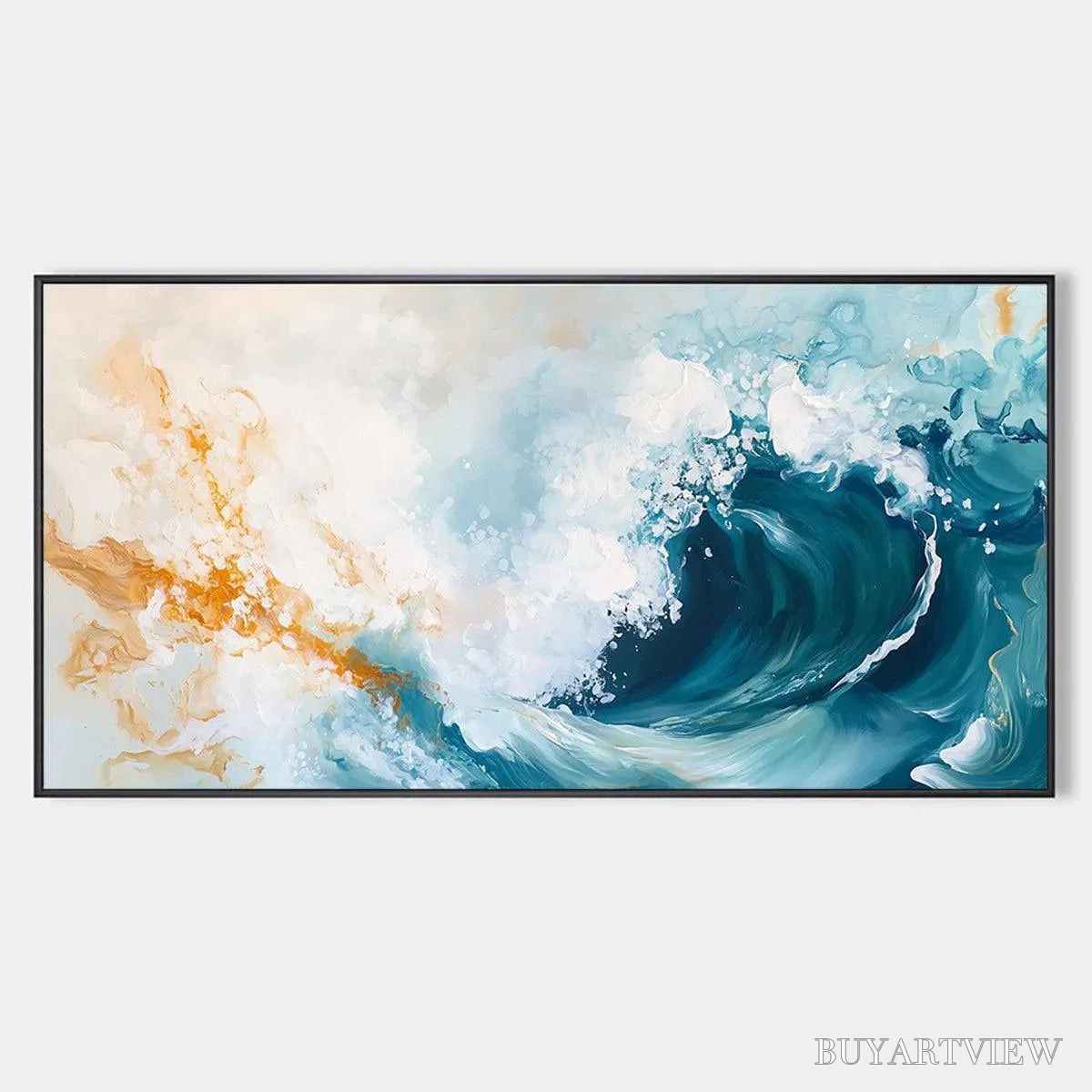 ARTOVITAS Aquamarine Crest – Panoramic Abstract Ocean Wave Painting - image 1