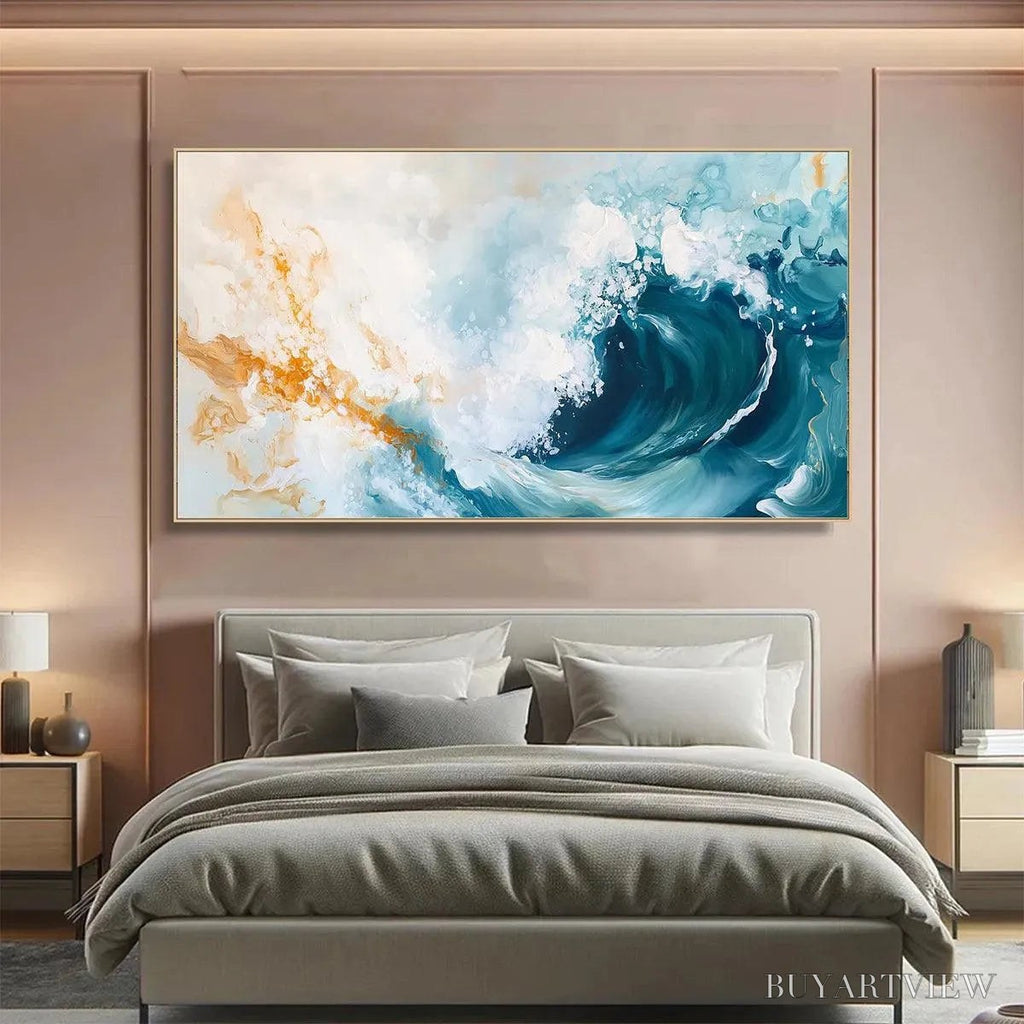 ARTOVITAS Aquamarine Crest – Panoramic Abstract Ocean Wave Painting - image 2