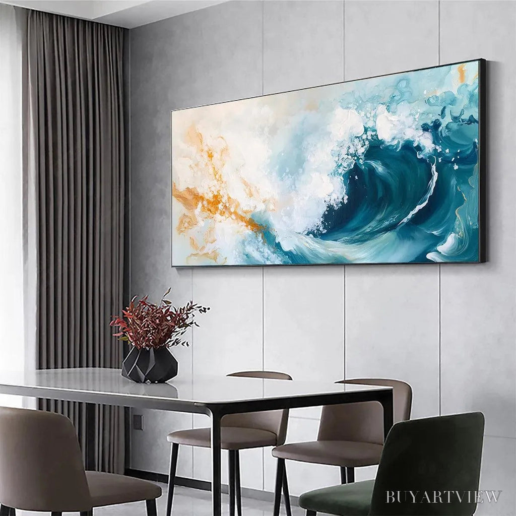 ARTOVITAS Aquamarine Crest – Panoramic Abstract Ocean Wave Painting - image 3