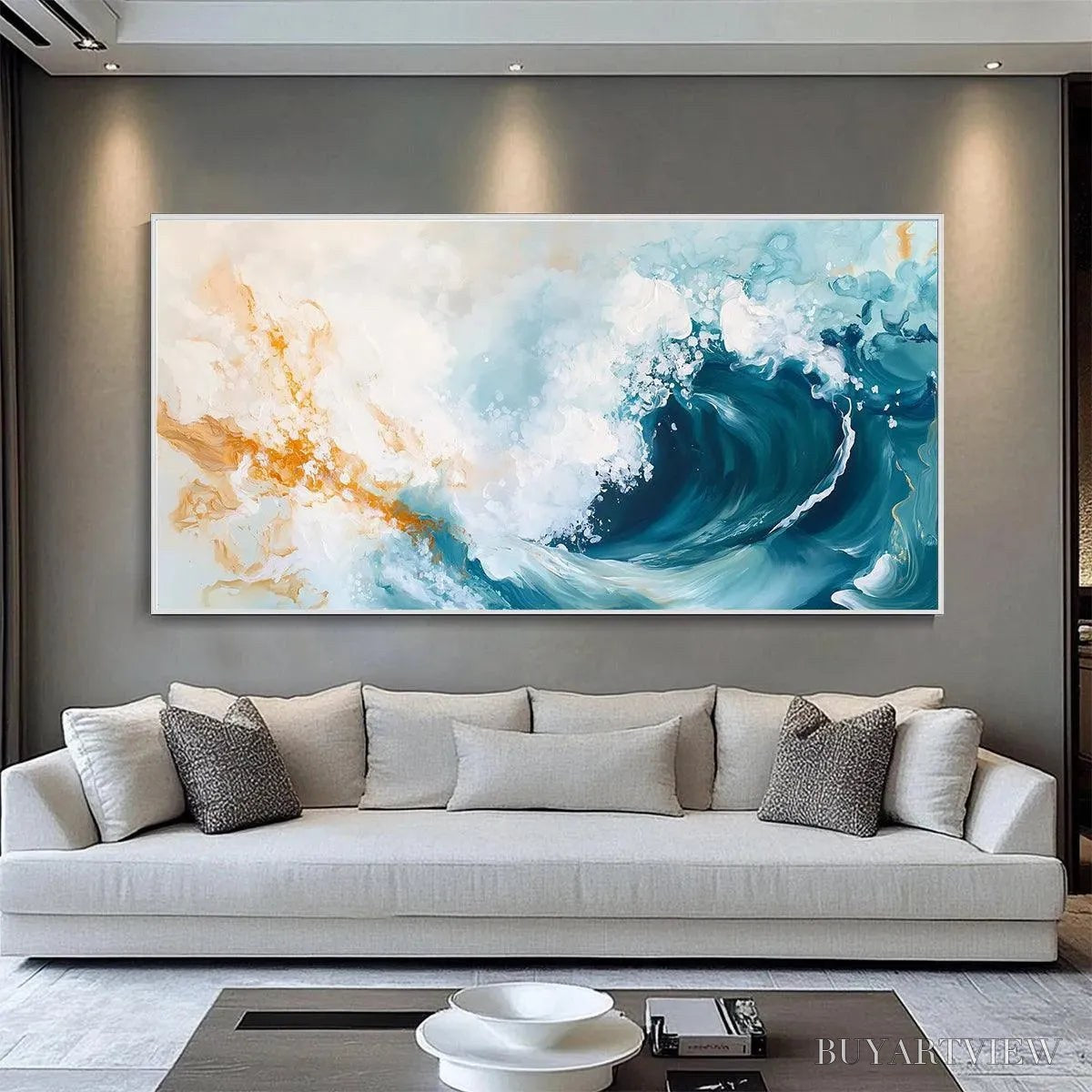 ARTOVITAS Aquamarine Crest – Panoramic Abstract Ocean Wave Painting - image 5