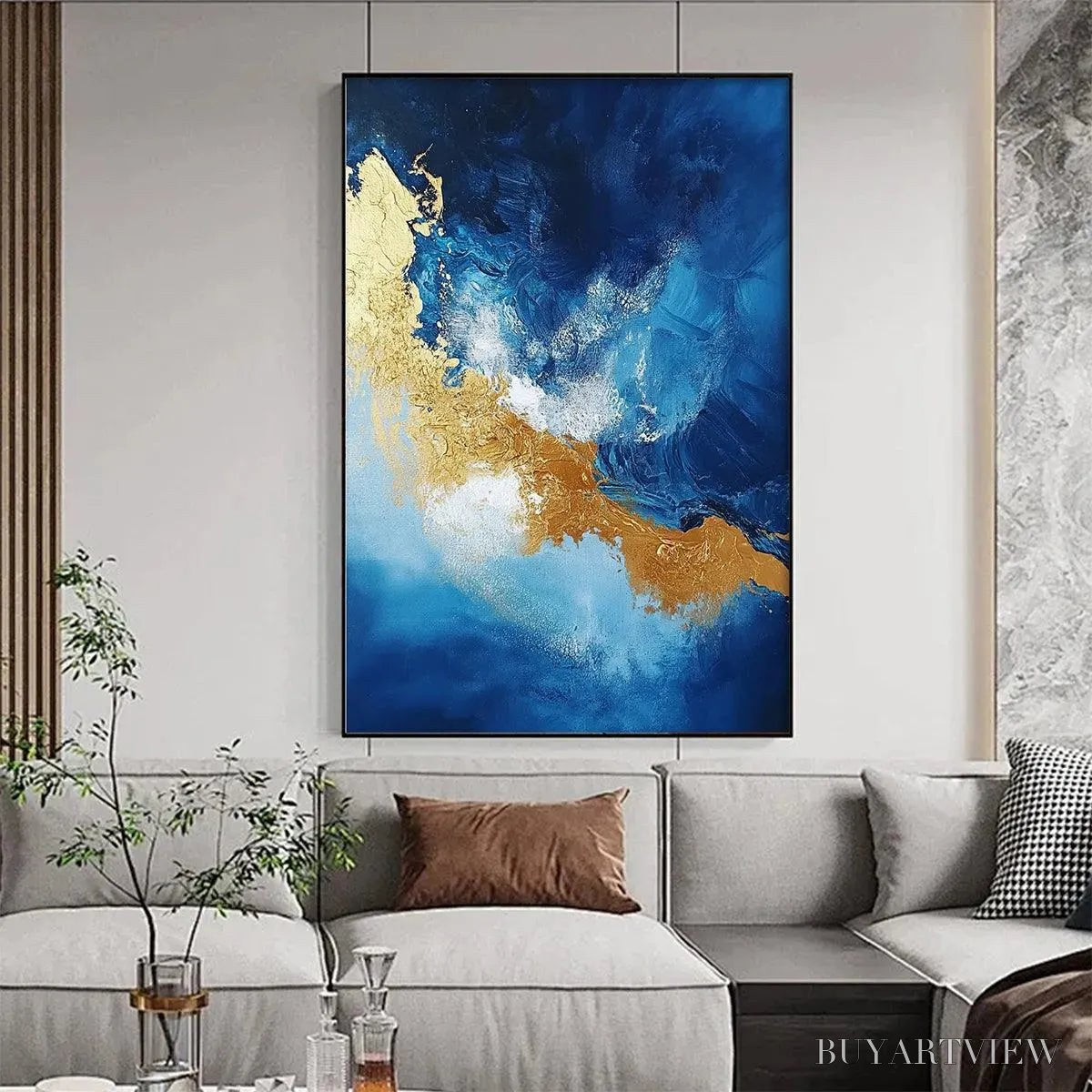 ARTOVITAS Golden Tide – Vertical Abstract Painting, Blue, Gold - image 2