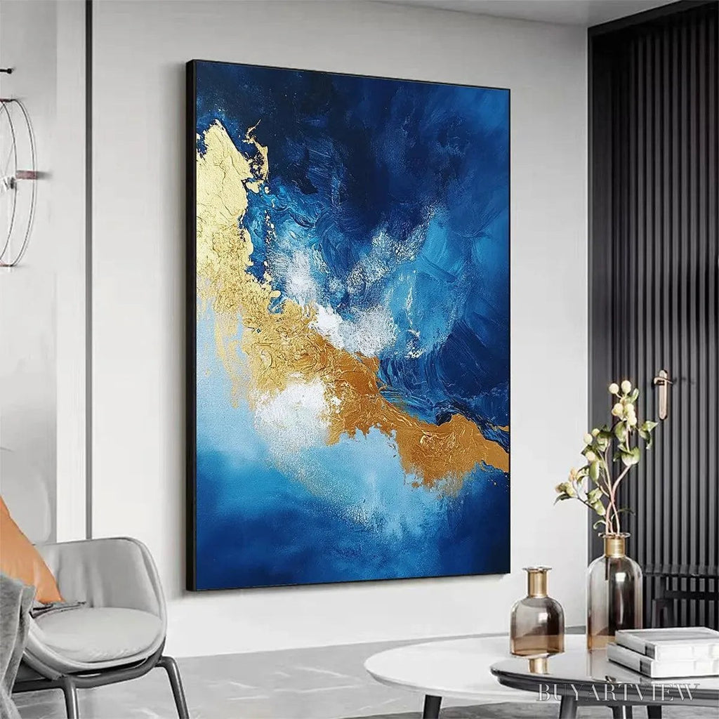 ARTOVITAS Golden Tide – Vertical Abstract Painting, Blue, Gold - image 3