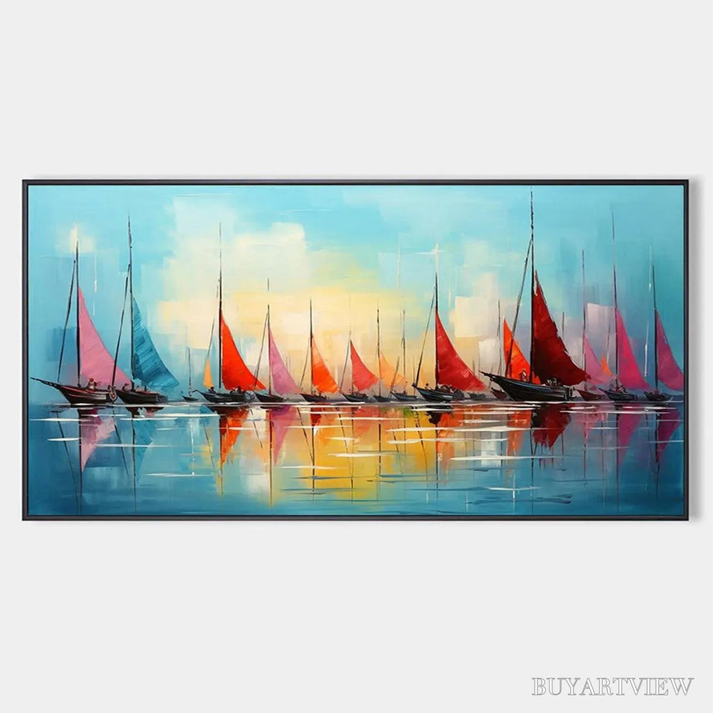 ARTOVITAS Regatta At Dawn – Panoramic Sailboat Painting, Colorful Sunrise - image 1