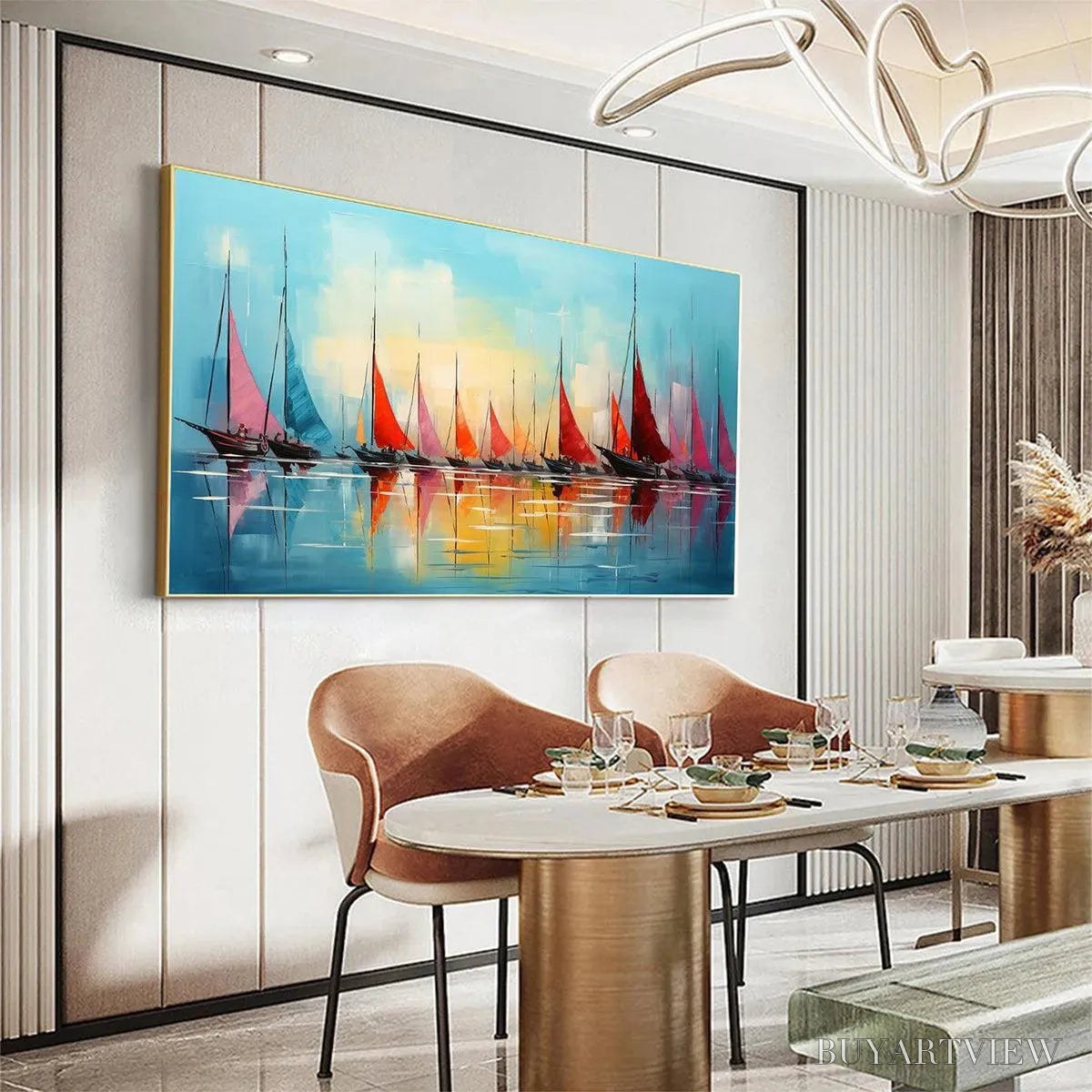 ARTOVITAS Regatta At Dawn – Panoramic Sailboat Painting, Colorful Sunrise - image 2