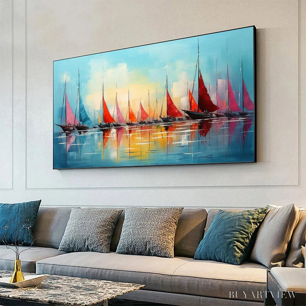 ARTOVITAS Regatta At Dawn – Panoramic Sailboat Painting, Colorful Sunrise - image 4