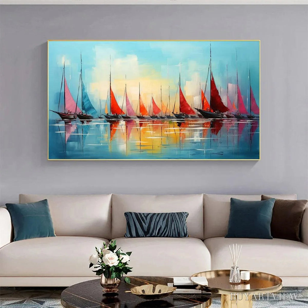 ARTOVITAS Regatta At Dawn – Panoramic Sailboat Painting, Colorful Sunrise - image 5
