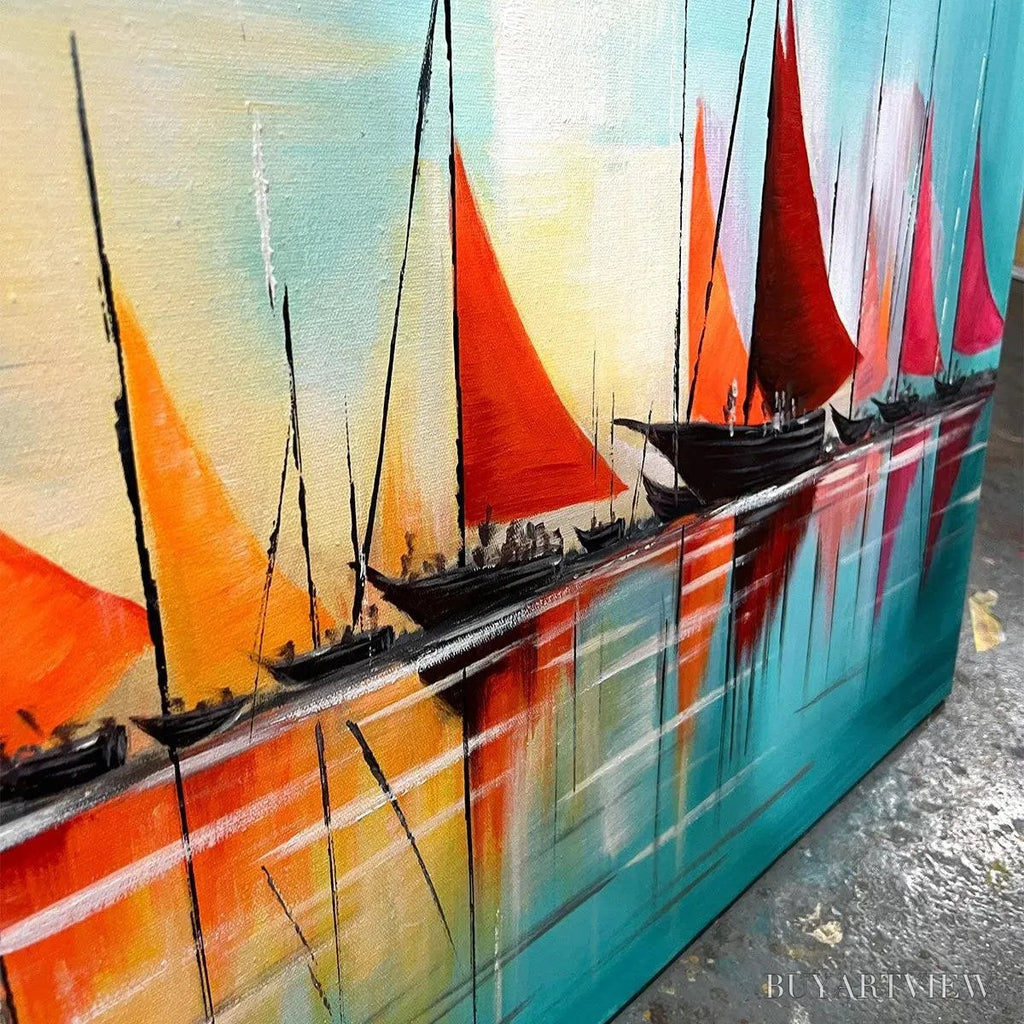 ARTOVITAS Regatta At Dawn – Panoramic Sailboat Painting, Colorful Sunrise - image 6