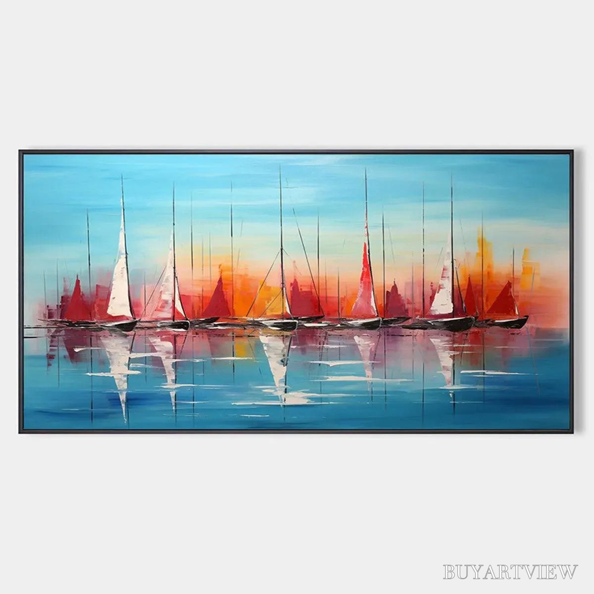 ARTOVITAS Harbor Sunset – Panoramic Sailboat Painting, Colorful Sunset - image 1