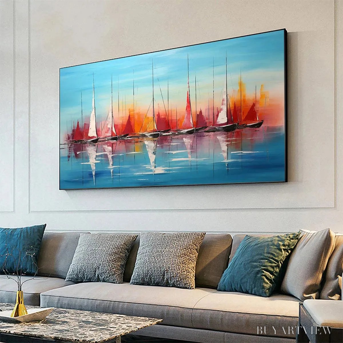 ARTOVITAS Harbor Sunset – Panoramic Sailboat Painting, Colorful Sunset - image 2